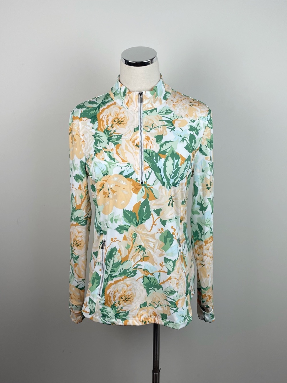 Laura Ashley Green Yellow White Floral Quarter Zip Long Sleeve Top Women Large